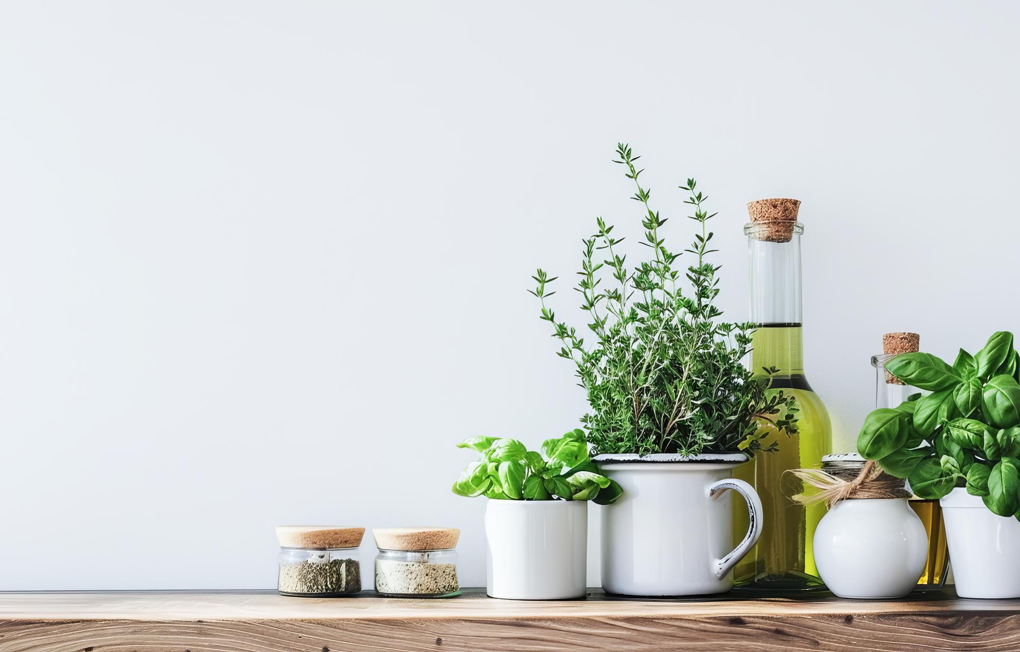 Cozy kitchen corner with light and herbs